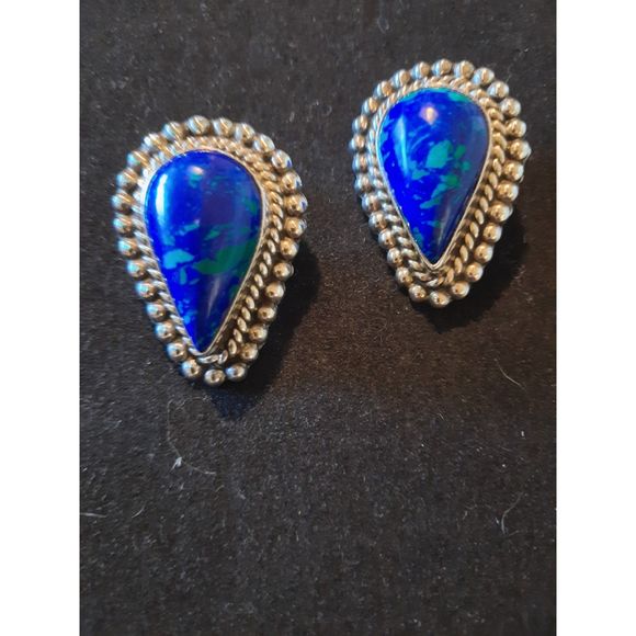 Azurite Lapis Sterling Silver Teardrop Solitaire Earrings - Picture 1 of 6